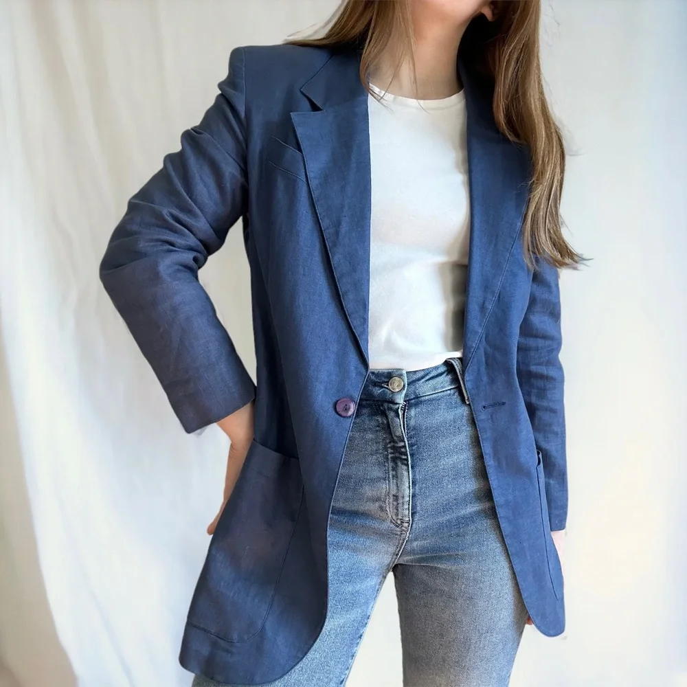 Vintage Ann Taylor Studio Blue 100% Linen Single Button Blazer Jacket - Picture 1 of 4